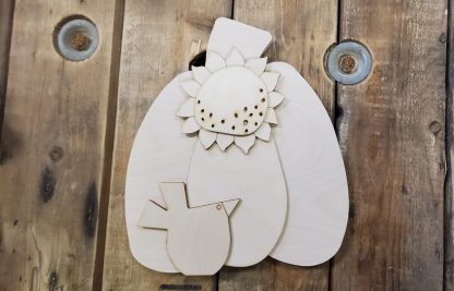 Wooden Prim Pumpkin w Bird and Sunflower